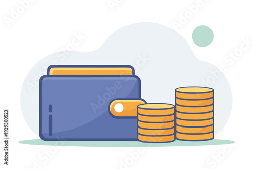 A squat purple wallet rests beside two towering stacks of shiny yellow coins, representing stored value and secure capital management on white.