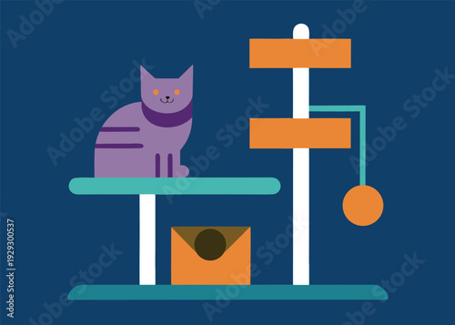 Domestic purple cat sitting on a modern multi-level cat tree with multiple platforms and a dangling toy.