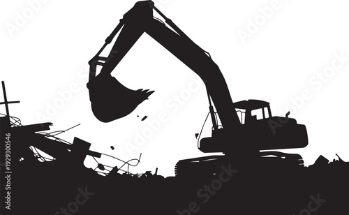 Black silhouette of excavator demolishing building