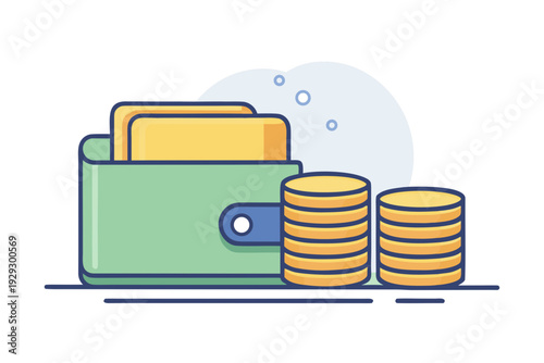 Green wallet filled with several cards stands beside two tall stacks of gold coins representing personal savings and wealth accumulation on a white background.