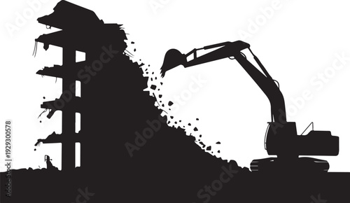 Black silhouette of excavator demolishing building