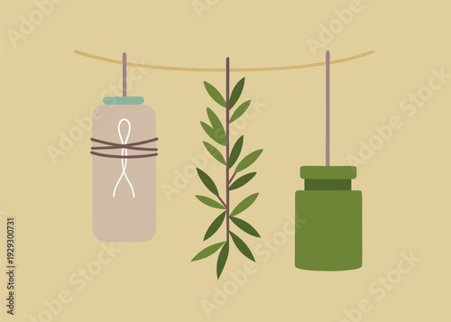 Flat illustration of herbs drying, hanging between a wrapped jar and a green jar, on a beige background.