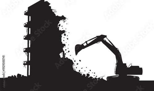 Black silhouette of excavator demolishing building