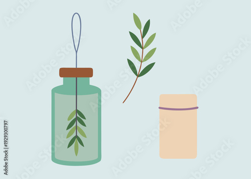 Flat illustration of herbs in a hanging jar, a loose branch, and a small storage jar.