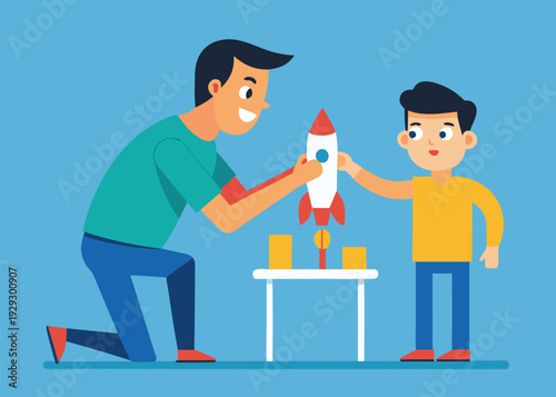 An enthusiastic father and his son are working together to assemble a toy rocket on a small table.