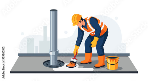 Construction worker applying sealant around pipe on rooftop.