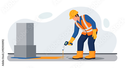 Construction worker applying sealant to concrete surface with spray gun.