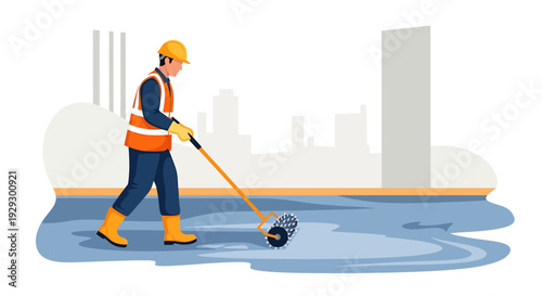 Construction worker applying sealant with a roller tool.