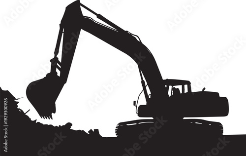 Black silhouette of excavator digging into pile of dirt