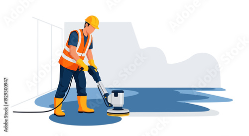 Construction worker cleaning floor with floor polisher machine.