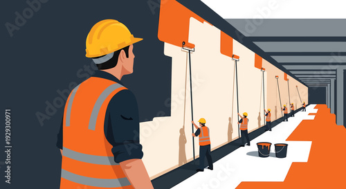 Construction worker in safety vest and hard hat painting a building exterior.