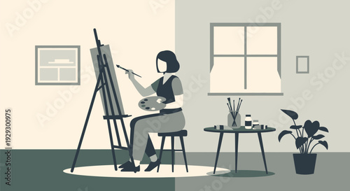 Artist woman painting on canvas with brush in bright studio room