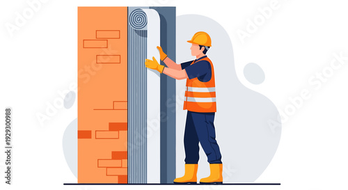 Construction worker installing insulation material on a wall.