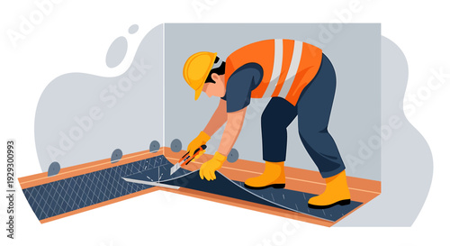 Construction worker installing flooring material with tools.