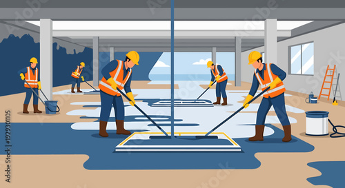 Construction workers applying concrete floor finishing indoors.
