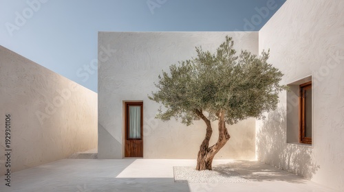 Exterior of Whitewashed Building with Tree and Wooden Window Frame in Sunlight and Sky