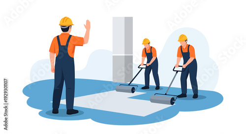 Construction workers applying flooring material on a building site.