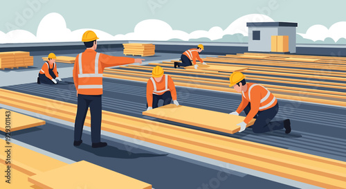 Construction workers building a roof with wooden planks and safety vests.