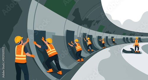 Construction workers building a tunnel with heavy machinery and safety gear.