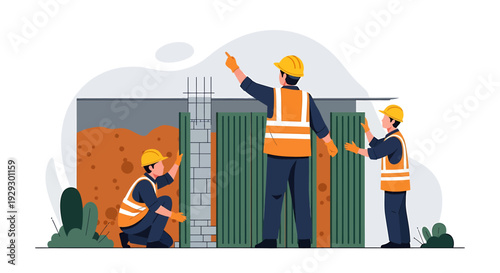 Construction workers collaborating on building site illustration.