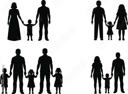 Set of black silhouettes of different families holding hands including parents and children isolated on a white background for community and happy life design projects.
