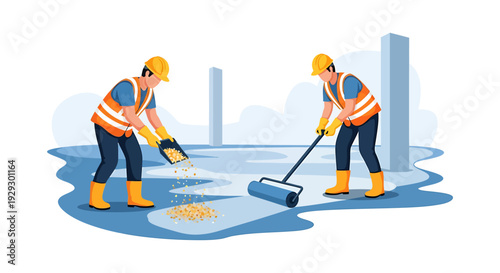 Construction workers cleaning up water on a building site.