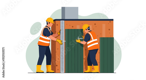 Construction workers installing insulation on a building exterior.