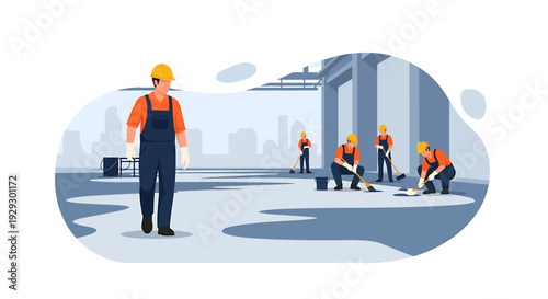 Construction workers in hard hats and overalls working on a building site.