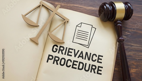Grievance procedure document with judge gavel and scales of justice on desk, workplace dispute resolution and legal compliance concept featuring complaint, employee complaint, HR policy with human