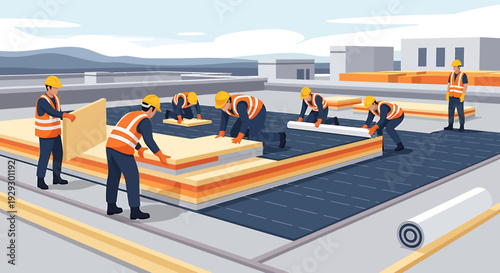 Construction workers installing insulation on a flat roof.