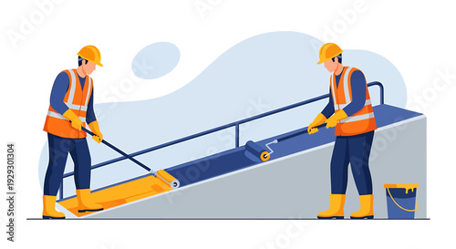 Construction workers painting a railing with yellow and blue colors.