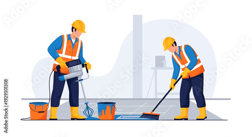 Construction workers performing road repair and maintenance tasks.