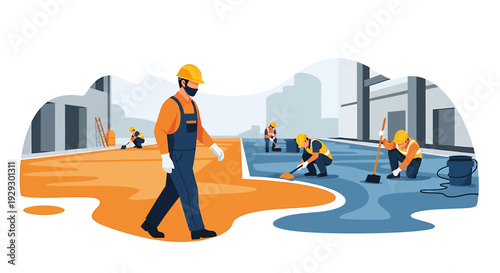 Construction workers performing tasks on a building site.