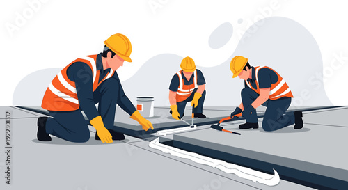 Construction workers performing road repair and sealing work.