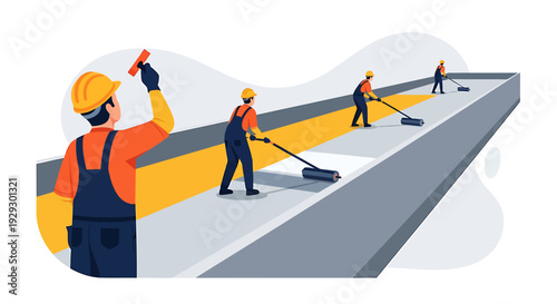 Construction workers painting road lines with rollers and brushes.