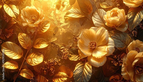 Golden floral scene, blooms and leaves bathed in warm light, rich textures