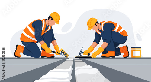 Two construction workers applying white lines on a road surface.