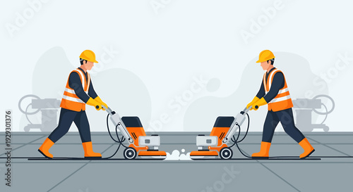 Two construction workers operating concrete grinding machines on a surface.
