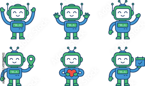 Cute chatbot robot mascot character set with different poses artificial intelligence assistant flat vector illustration collection