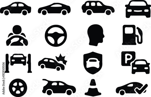 car service black icons set vector illustration silhouette 