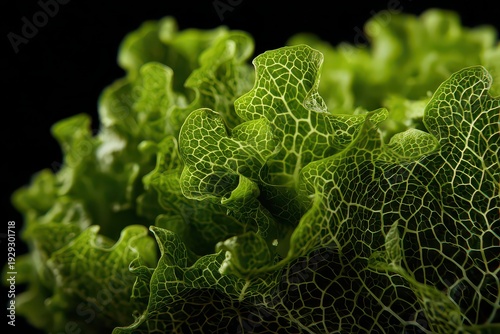 Detailed Macro Shot of Green Leafy Vegetable on Black Backdrop with Intricate Veins and Textured Surface Illuminating Soft Natural Light