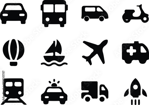 transport travel black silhouette icons set vector illustration design art