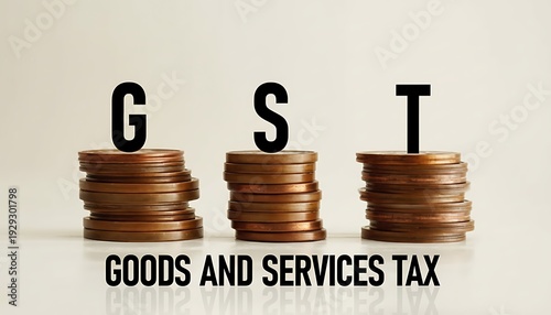 Wallpaper Mural GST goods and services tax concept with stacked coins and bold letters, business finance taxation policy illustration featuring VAT, economy, government with revenue and compliance elements for Torontodigital.ca