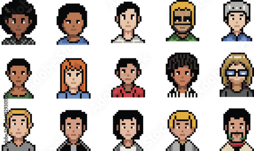 Colorful pixel art avatar collection, retro 8bit diverse character portraits set, modern game profile icons for indie projects