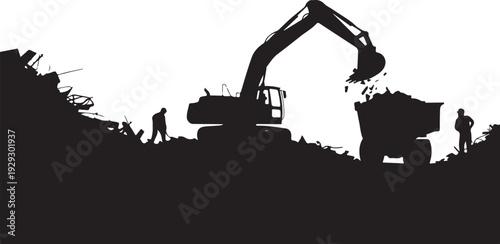 Black silhouette of excavator loading debris into truck