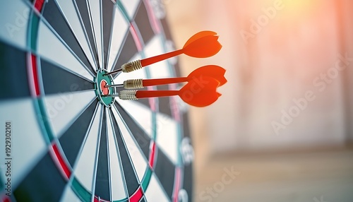 Darts hitting bullseye on dartboard with three orange arrows clustered in the center, target success and accuracy concept featuring dart, aim, precision with focus and achievement elements for goal,