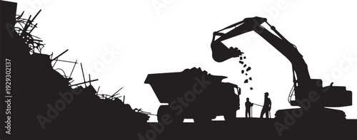 Black silhouette of excavator loading truck with rubble