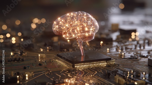 Glowing Brain Shape on Circuit Board with Bokeh Lights Concept for Artificial Intelligence and Technology