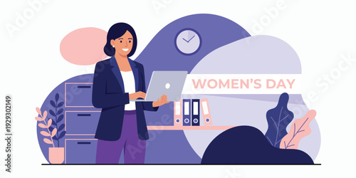 Women's Day Illustration A Business woman in Office with Laptop and Abstract Background