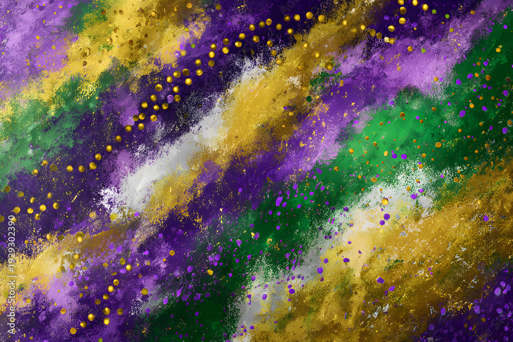 Fototapeta premium Vibrant Mardi Gras Grunge Background with purple, green, and gold gradients. Concept of Carnival party backdrop, Shrove Tuesday festival textures, festive celebration branding, and abstract holiday wa